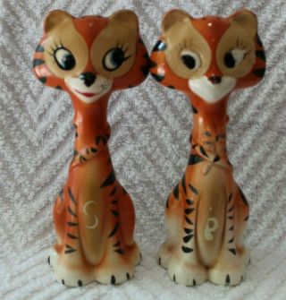 Vintage Anthro Adorable Tiger Couple Salt And Pepper Shakers - Very Tall