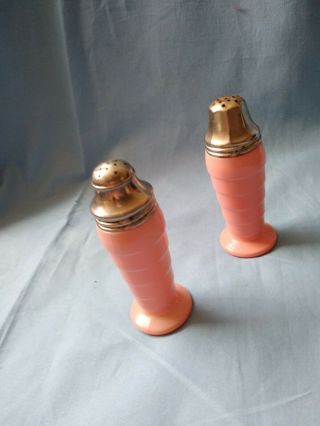 Vintage Coral Milk Glass Salt And Pepper Shakers 4 " Tall Stainless Lids Art Deco