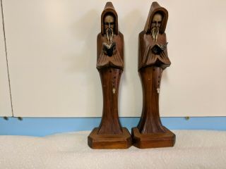 Set Of 2 Wooden Monk Priest Hand Carved Bookends
