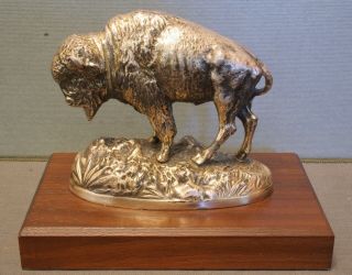 Vintage Pewter Buffalo Figurine On Wood Base,  Paperweight Or Display,