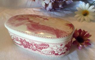 Porcelain Trinket Box Pink Transferware Home Scents Lidded Oval Box Vintage