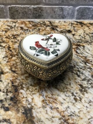 Vintage Westland Music Jewelry Box Heart Shaped With Print Birds On A Branch