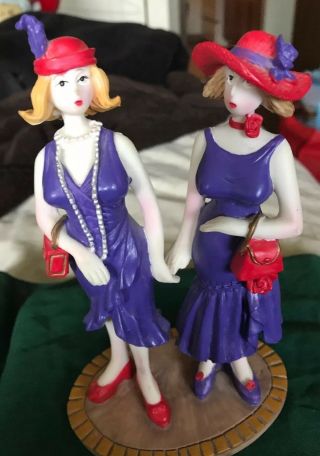 2 Ladies Red Hat Society Friends W/ Purses & Hats Shopping Figurine Figure