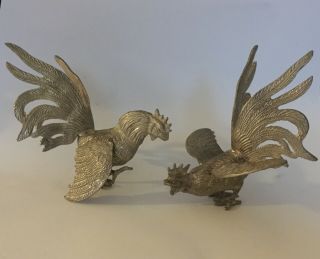 2 Vintage Brass Fighting Roosters Italy Pair Cocks Ital Silver Tone Ebaymarket