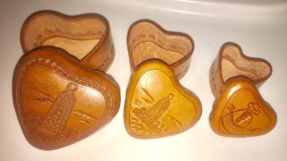 3 Vintage Hand Tooled Leather Embossed Nesting Heart Jewelry Boxes Ecuador S.  A.