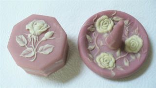 2 Vintage Incolay Soapstone Trinket Box Ring Holder Hot Pink Roses