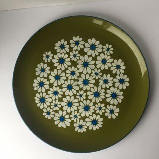 Vintage Moss Green Plastic Round Tray W/white Flowers Made Omc Japan Retro