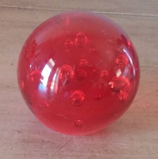 Vintage Fire Red Round Glass Paperweight Old Stock Bubbles Box Large 2 5/8 "