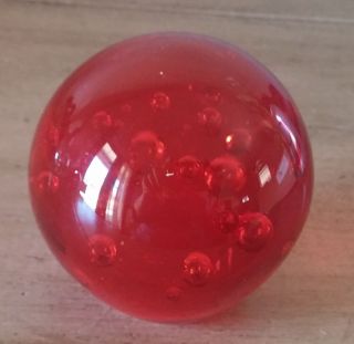 Vintage Fire Red Round Glass Paperweight Old Stock Bubbles Box Large 2 5/8 