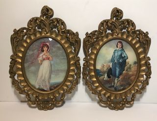 Vintage Set Pinkie & Blue Boy Bubble Print Italy Gold Oval Ornate Frames Depose
