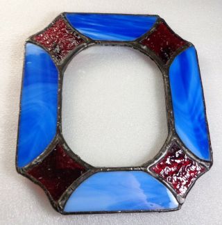 Vintage Art Deco Red Textured & Blue Streaked Leaded Stained Glass Photo Frame