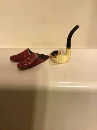 Vintage Arcadia Miniature Slippers And Pipe Salt And Pepper Shakers
