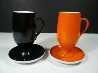 Schmid Tackett Porcelain Demitasse / Espresso Cups With Saucers Black & Orange