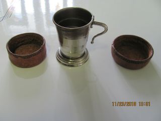 Antique Silverplate On Copper Folding Travel Cup W/ Leather Case.