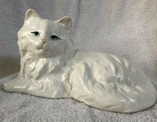 Vintage Ceramic Cat Planter White Persian Long Hair W Bow Laying