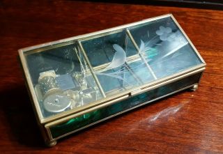 Vintage Via Vermont Blue Green Stained Glass Music Jewelry Box Plays " Edelweiss "