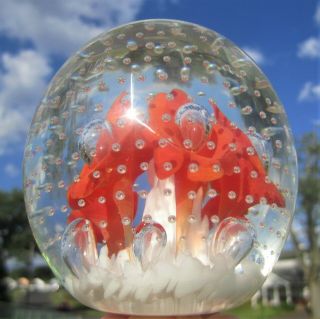 VINTAGE JOE ST CLAIR SIGNED GLASS PAPERWEIGHT ORANGE BLOSSOMS CONTROLLED BUBBLES 2