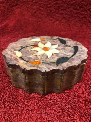 Small Soapstone Oval Trinket/jewelry/coin/stash Box W/lid Floral Inlay