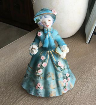 Vintage Signed Geo.  Z.  Lefton Southern Bell Woman Figurine 1956 In Teal And Gold