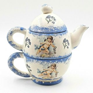 Melanie Cherub Angel 3 - Piece Teapot And Cup Set Blue White Sponge Paint