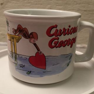 Curious George 12 Oz Coffee Soup Tea Mug - Fishing For Love Red Heart Monkey