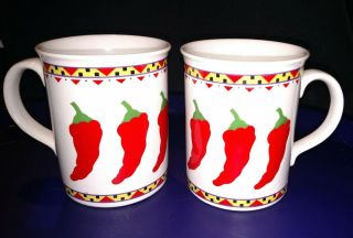 Set Of 2 Otagiri Mugs White With Red Chili Peppers Design By Maryann Baker