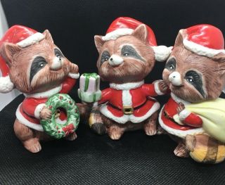 Home Interiors Homco Porcelain Bisque Christmas Raccoons Set Of Three (3) 5611