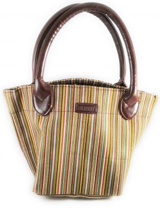 Longaberger Homestead Green & Brown Stripe Tote Brown Handle Purse Bag
