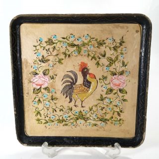 Hand - Painted Paper Mache Tray With Rooster And Flowers,  Made In Japan