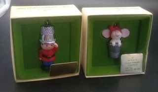 2 Hallmark Tree - Trimmer Miniature Thimble Ornaments Mouse & Tin Soldier In Boxes