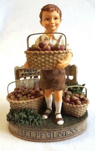 Vintage Virtues Figurine Helpfulness Boy Carrying Pears Basket Resin 6.  5 "