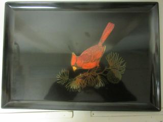 Large 12 1/2 " X 18 " Couroc Tray Inlaid Design Male Cardinal On A Conifer Branch