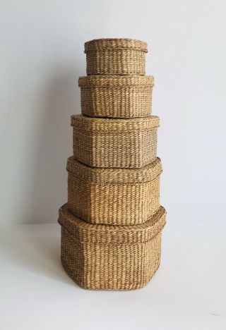 5 Stackable Sweetgrass Nested 6 Sided Hexagon Baskets With Lids Boho Decor