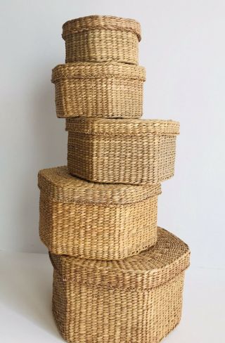 5 Stackable Sweetgrass Nested 6 Sided Hexagon Baskets with Lids BOHO Decor 3