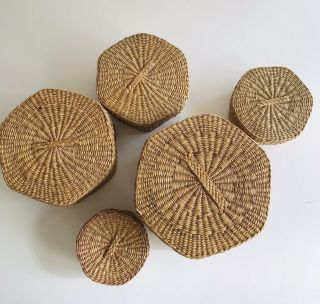 5 Stackable Sweetgrass Nested 6 Sided Hexagon Baskets with Lids BOHO Decor 4