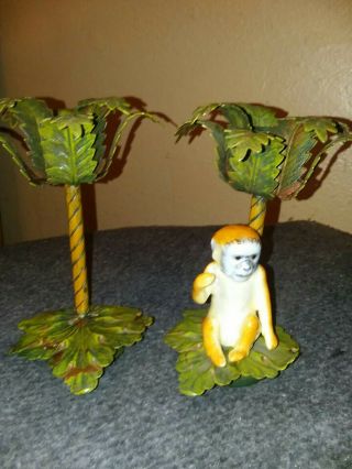 Hollywood Regency Petite Choses Ceramic Monkey & Palm Tree Candlestick Set Of 2