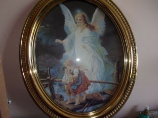 Home Interior Guardian Angel Picture,  Gold Frame,  Oval