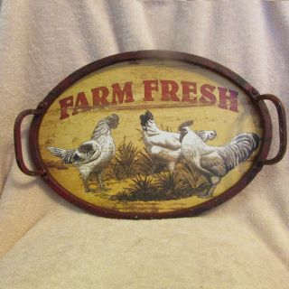 Creative Co - Op Oval Metal Tray With Handles And Distressed Farm Style Rooster