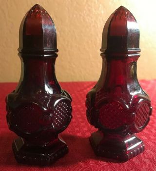 Vintage Avon Cape Cod Ruby Red Glass Salt & Pepper Shakers 4.  5 " Tall,