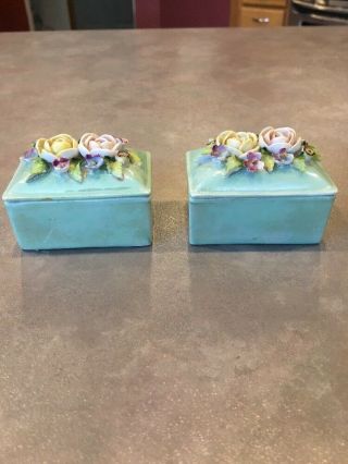 2 Vintage Green Porcelain Trinket Box Raised Floral Flowers Lid Luster Germany