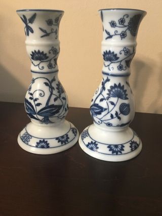 Vienna Woods Blue Onion Fine China Candle Holders Candlesticks Small 6 1/4 " (2)