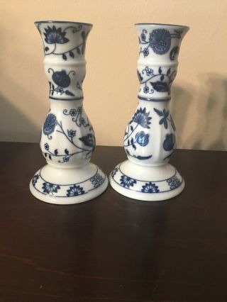 Vienna Woods Blue Onion Fine China Candle Holders Candlesticks Small 6 1/4 