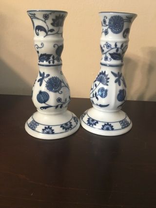 Vienna Woods Blue Onion Fine China Candle Holders Candlesticks Small 6 1/4 