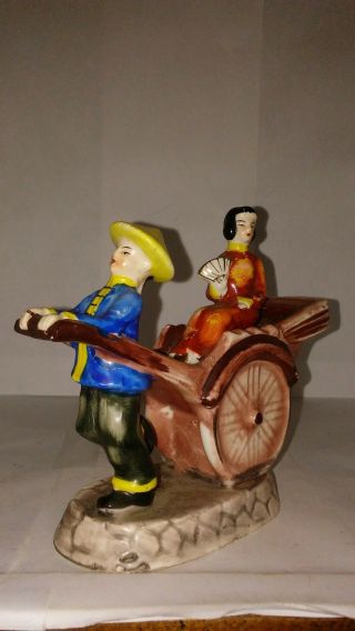 Vintage Ceramic Hand Painted Occupied Japan Rickshaw With Passenger Figurine
