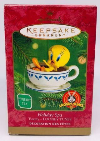 2001 Holiday Spa Hallmark Ornament Looney Tunes Tweety in a Coffee Cup 3