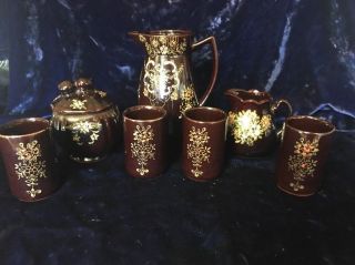 Vintage 8pc Brown Betty Gold Tone Red Clay Pitcher 4 Tumblers Sugar Creamer