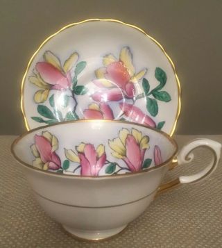 Tuscan Fine Bone China - Tea Cup And Saucer Set - Pink,  Yellow Flowers - England