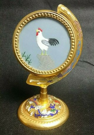 Vintage Cloisonne Stand With Rooster Thread Art Brass Chicken Gorgeous Enamel