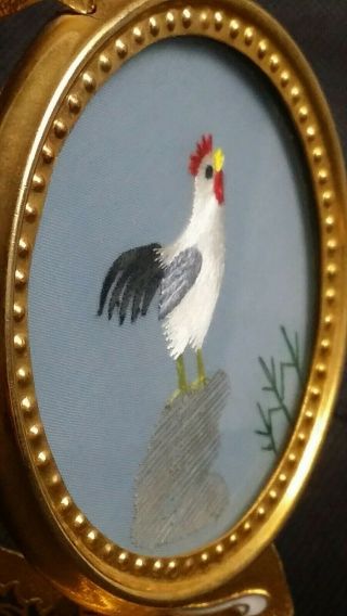 Vintage Cloisonne Stand With Rooster Thread Art Brass Chicken Gorgeous Enamel 2