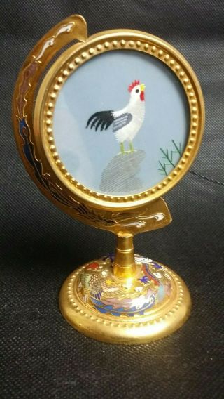 Vintage Cloisonne Stand With Rooster Thread Art Brass Chicken Gorgeous Enamel 3
